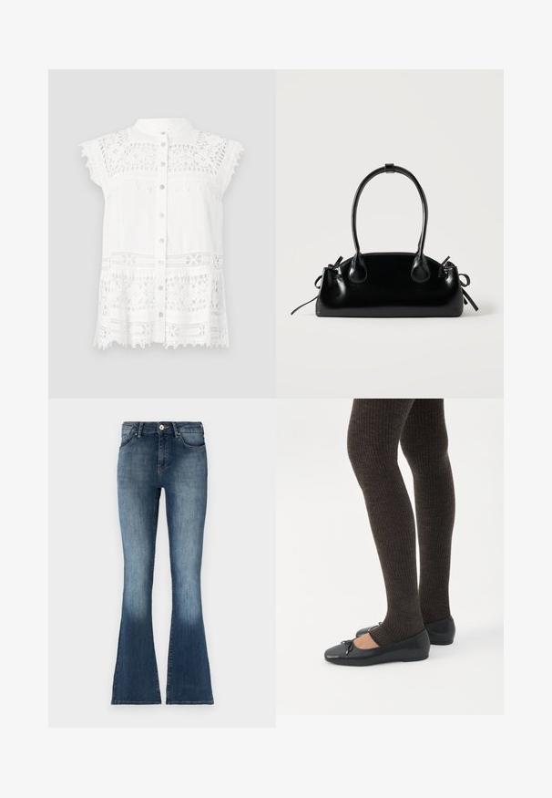 Hvid bluse med korte, kapærmer, der har blonde detaljer og knap-lukning foran. Den strukturerede stof og den scalloperede kant tilføjer visuel interesse.; Blå denim flared jeans med en mellemhøj talje, falmet finish og traditionelt fem-lomme design. Blød tekstur og subtile syningsdetaljer.; Ben iført mørke ribbede leggings kombineret med sorte balletsko med små sløjfedetaljer på hvid baggrund.; Lille sort blank håndtaske med to lange håndtag og snøre-detaljer i siden på en ensfarvet lys baggrund.