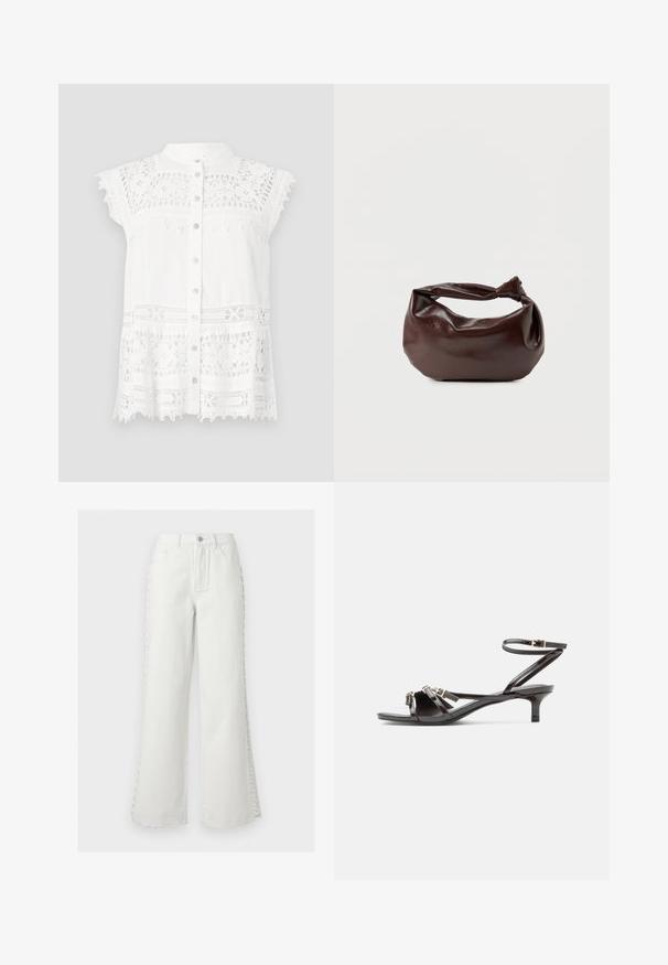 Blusa blanca con mangas cortas tipo capa, que presenta detalles de encaje y un frente abotonado. La tela texturizada y el dobladillo con forma de escallona añaden interés visual.; Vaqueros blancos de tiro alto y pierna ancha con bolsillos frontales, trabillas para cinturón, cierre con botón y detalle decorativo de cordones laterales en ambas piernas.; Sandalia de charol negro con tiras delgadas, tacón pequeño tipo gatito y cierre ajustable con hebilla en el tobillo.; Bolso de hombro de cuero marrón oscuro con una forma suave y caída, y un asa con nudo torcido sobre un fondo blanco liso.