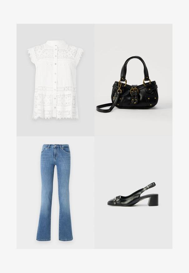 Hvid bluse med korte, kapærmer, der har blonde detaljer og knap-lukning foran. Den strukturerede stof og den scalloperede kant tilføjer visuel interesse.; Lysblå flagrende jeans lavet af denim, med fem lommer, frontlynlås og knaplukning. Afbleget mønster på lårene og kanten.; Sorte læder slingback hæl med spids tå, tekstureret rem med cirkulære metalliske accenter, og en stablet blokhæl.; Sort læderhåndtaske med guldbælge og nitdetaljer, korte håndtag og en justerbar skulderrem på en ensfarvet hvid baggrund.