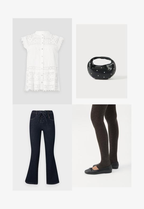 Hvid bluse med korte, kapærmer, der har blonde detaljer og knap-lukning foran. Den strukturerede stof og den scalloperede kant tilføjer visuel interesse.; Mørkeblå flare-jeans med snørelukning foran og forlommer, vist fladt mod en ensfarvet baggrund.; Ben iført mørke ribbede leggings kombineret med sorte balletsko med små sløjfedetaljer på hvid baggrund.; Sort læderhåndtaske med en rundet form, dekoreret med sølvnitter, og et kort håndtag. Glat tekstur og lynlåslukning.