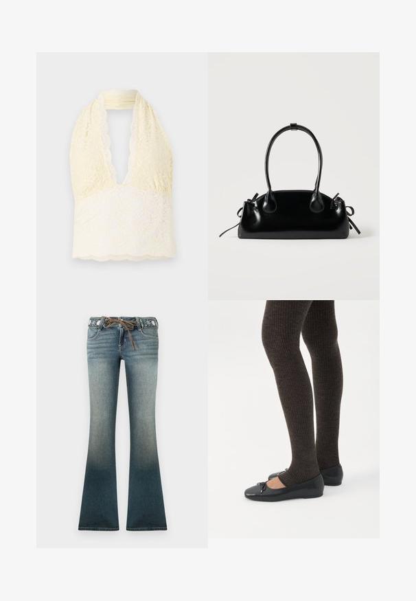 Blonde blondette-top i lys gul med en dyb V-udskæring, prydet med blomstertryk, tekstureret blonde og bølget kant. Blødt, strækbart stof.; Flared denim jeans i en gradient fra lys til mørk blå, med en broderet talje og en brun snor for ekstra detalje.; Ben iført mørke ribbede leggings kombineret med sorte balletsko med små sløjfedetaljer på hvid baggrund.; Lille sort blank håndtaske med to lange håndtag og snøre-detaljer i siden på en ensfarvet lys baggrund.