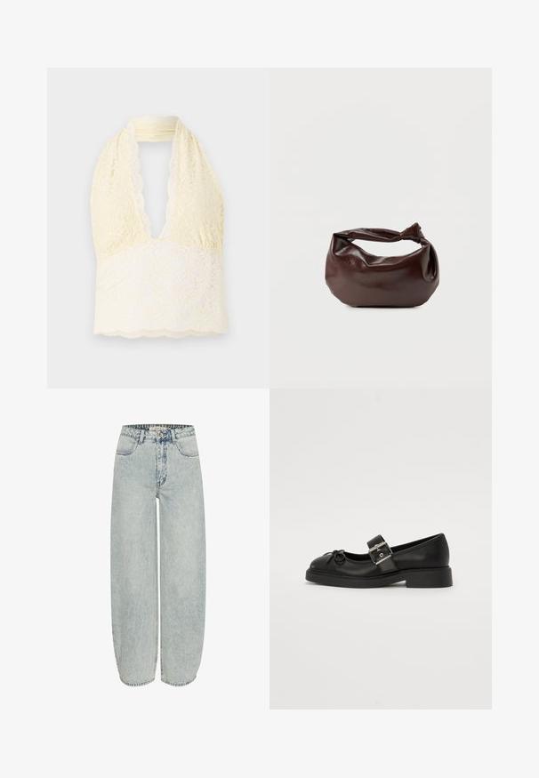 Kergelt kollane pitskett, sügava V-kaelusega, lillemustriga, tekstuuriga pits ja laineline äär. Pehme, veniv kangas.; Heledad sinine denim laiad püksid kõrge vöökohaga, viie tasku ja õmblustega. Omab eeslt lukku ja nööp sulgemist.; Must have mustikad nahast Mary Jane kingad, millel on ümar varvas, pahkluu rihm ja hõbedane pandla detail. Omab lamedat, paksu talda ja paelakest.; Tumepruunast nahast õlakott, pehme ja lõdva vormiga, keeratud sõlme tüüpi sangaga, valgel ühevärvilisel taustal.