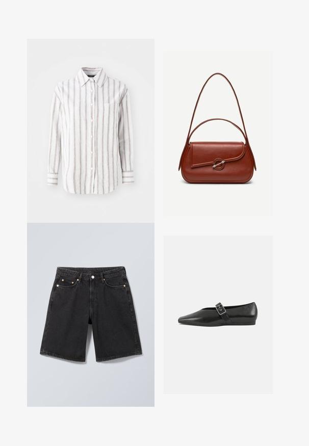 Chemise blanche à manches longues avec des rayures verticales brunes, un col et une poche poitrine. Tissu en coton avec une texture douce.; Short en denim noir avec bouton à l'avant, passants pour ceinture et design à cinq poches, présenté sur un fond gris neutre.; Chaussure plate en cuir noir avec un orteil pointu, présentant une sangle à boucle métallique sur le cou-de-pied et une semelle basse et flexible.; Sac à bandoulière en cuir marron de forme rectangulaire arrondie, rabat asymétrique, fermoir circulaire argenté et deux fines bretelles.