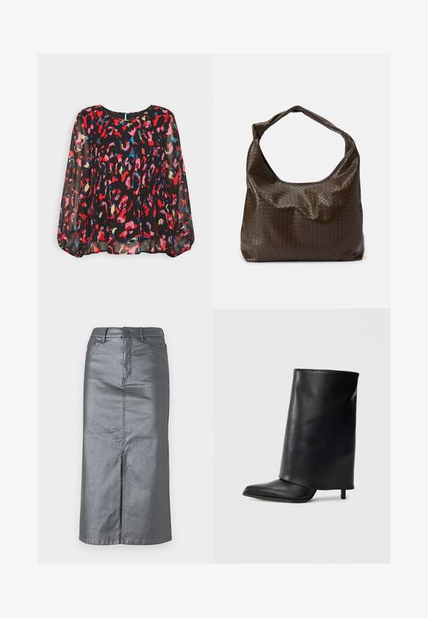 Blouse noire transparente avec des motifs abstraits vibrants rouges, roses, bleus et dorés, design plissé, longues manches bouffantes et fermeture en forme de trou de clé au dos.; Jupe en jean gris métallique avec une forme droite, fente avant, design à cinq poches et fermeture à bouton à la taille. Les coutures plates sont visibles.; Bottine en cuir noir avec un design structuré à rabat, bout pointu et talon fin. Texture lisse avec un minimum de détails.; Sac en cuir tressé marron avec une forme souple, une anse unique et une surface texturée. Il présente une finition douce et brillante ainsi que des bords arrondis.