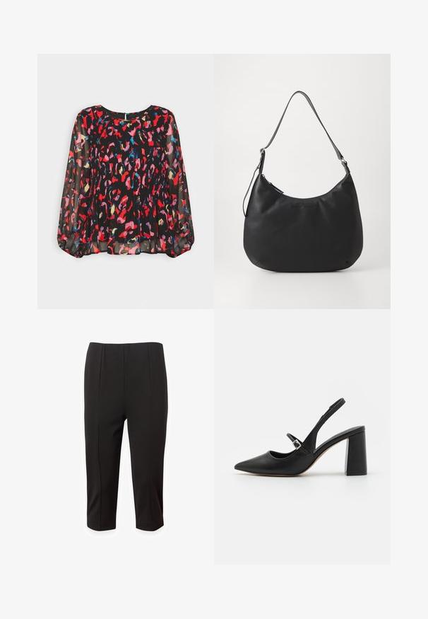 Blouse noire transparente avec des motifs abstraits vibrants rouges, roses, bleus et dorés, design plissé, longues manches bouffantes et fermeture en forme de trou de clé au dos.; Pantalons courts noirs en tissu lisse, avec un design ajusté comprenant des plis avant et une coupe droite. Pas de poches visibles ni d'ornements.; Escarpin en cuir noir avec un bout pointu, une bride ajustable à la cheville et un talon carré épais. Texture lisse et design minimal.; Sac hobo noir en matériau lisse et durable. Comprend une seule sangle réglable et un logo embossé subtil à l'avant.