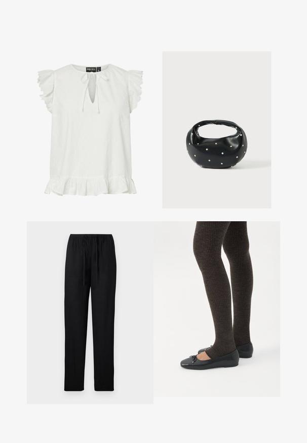 Blouse blanche sans manches avec manches courtes à volants, encolure goutte d’eau à nouer et ourlet volanté. Étiquette de marque "Pieces" à l’intérieur du col.; Pantalon noir à jambes droites avec taille élastique et cordon de serrage, présenté sur un fond clair.; Jambes portant des leggings côtelés foncés associés à des ballerines noires avec de petits détails en nœud sur fond blanc.; Sac à main en cuir noir de forme arrondie, décoré de clous argentés et équipé d'une poignée courte. Texture lisse et fermeture éclair.