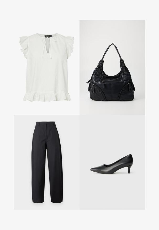 Blouse blanche sans manches avec manches courtes à volants, encolure goutte d’eau à nouer et ourlet volanté. Étiquette de marque "Pieces" à l’intérieur du col.; Pantalon noir taille haute à jambes larges avec poches avant et passants de ceinture, présenté sur un fond clair uni.; Escarpin noir en cuir, à bout pointu, avec un petit talon conique, texture lisse et une découpe peu profonde sur le dessus pour plus de visibilité du pied.; Sac à main en cuir noir avec double anses, poches zippées à l'avant et détails en rivets métalliques, sur un fond clair et uni.