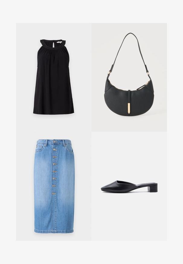 Zwart mouwloos jurkje met een geplooide halslijn, een keyhole rugdetail en een comfortabele pasvorm. Gemaakt van zachte, lichte stof.; Blauwe denim midi-rok met een rechte snit, voorzien van een sluiting met knopen aan de voorkant, vijf zakken en een vervaagde wassing voor textuur.; Zwarte leren instap-muil met puntige neus en lage blokhak, zijaanzicht op een effen achtergrond.; Zwarte handtas in halve maanvorm met een enkele band, gouden rits en een gouden rechthoekige decoratieve tab aan de voorkant.