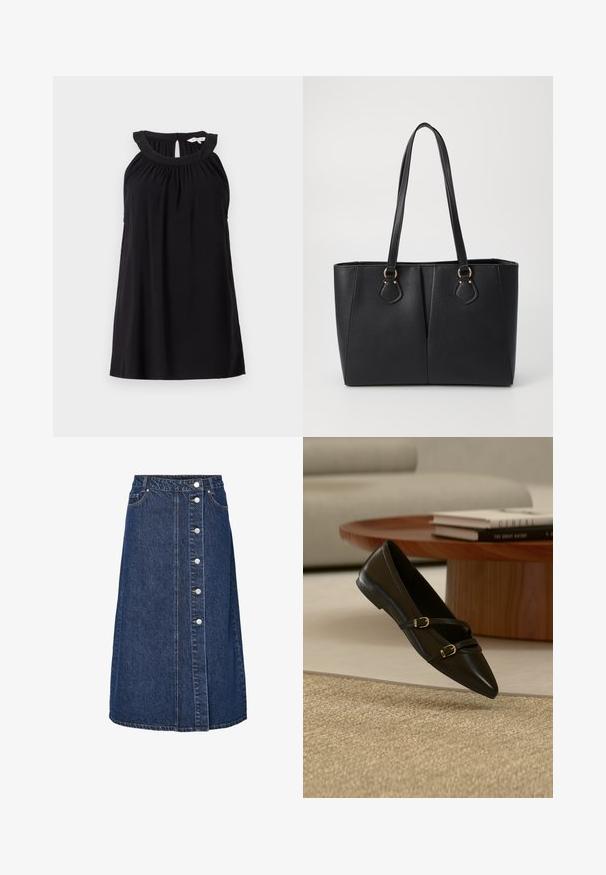 Zwart mouwloos jurkje met een geplooide halslijn, een keyhole rugdetail en een comfortabele pasvorm. Gemaakt van zachte, lichte stof.; Denim rokje met een hoge taille, sluiting met knopen aan de voorkant en twee zijzakken. Donkerblauwe kleur, rechte snit en zichtbare stiksel details.; Zwarte platte schoen met puntige neus en twee dunne gespspanners die boven een beige tapijt zweven, met een houten salontafel en boeken op de achtergrond.; Zwarte neplederen tote bag met een gestructureerde afwerking, twee lange handvatten en goudkleurige hardware-accenten aan de zijkant. Rechthoekige vorm.