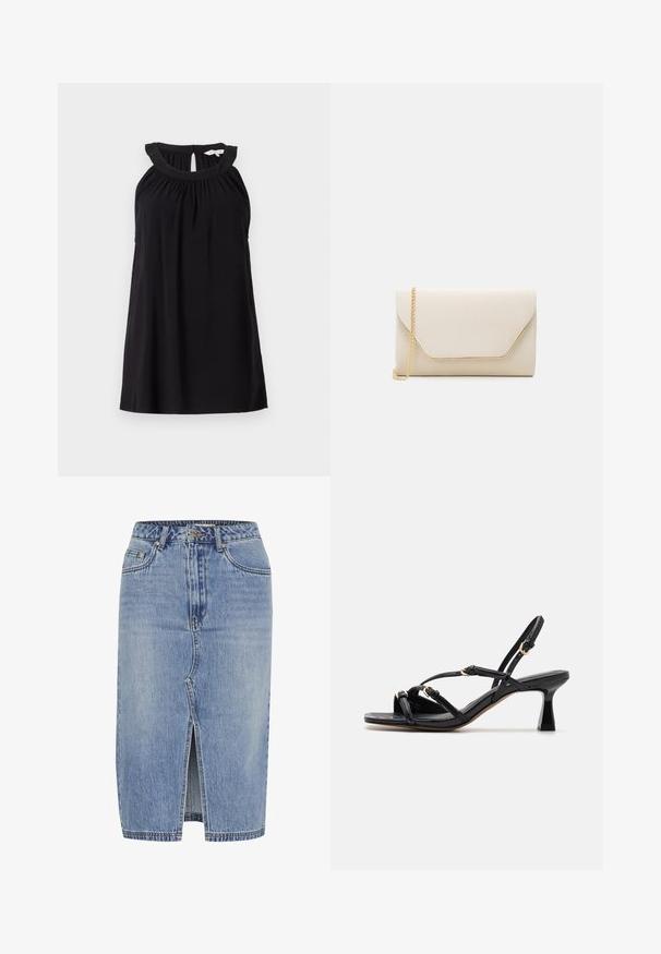 Vestido negro sin mangas con escote fruncido, detalle de abertura en la espalda y corte relajado. Confeccionado en una tela suave y ligera.; Falda de mezclilla azul claro con silueta recta, que presenta una abertura frontal, diseño de cinco bolsillos y cierre de botón en la cintura.; Call it Spring DIANAH - Sandalias - black; Bolso de mano beige con textura suave, correa de cadena dorada y una solapa estilo sobre con un ribete dorado en contraste.