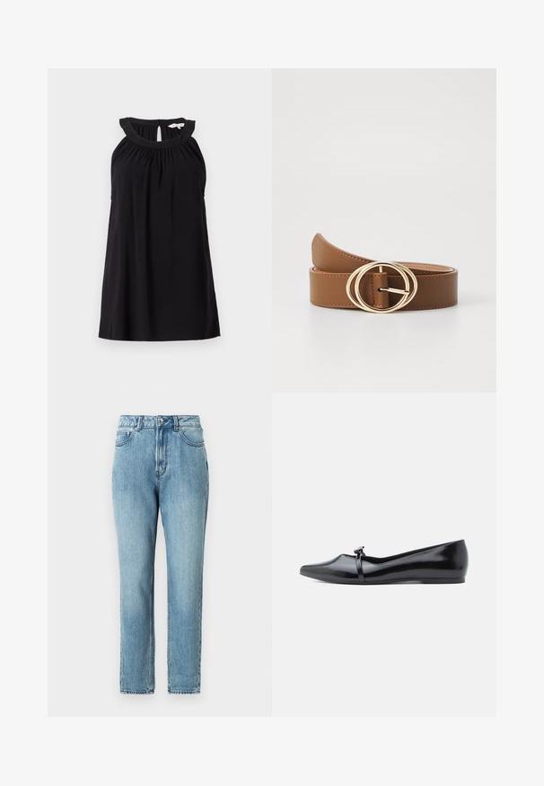 Mustaton ilmanhiha dressi, jossa on rypistetty kaula-aukko, avainaukko selässä ja rento istuvuus. Valmistettu pehmeästä, kevyestä kankaasta.; TOM TAILOR DENIM Mom-farkut - clean mid stone blue denim; Musta kiiltävän patenttinahkainen ballerina, jossa on terävä kärki, koristeellinen remmi ja sileä pinta. Minimalistinen muotoilu ilman näkyviä yksityiskohtia.; Ruskea nahkavyö kultaisella kaksinkertaisella soljella, jossa on sileä pinta ja säädettävä pituus. Yksinkertainen muotoilu siisteillä ompeleilla.