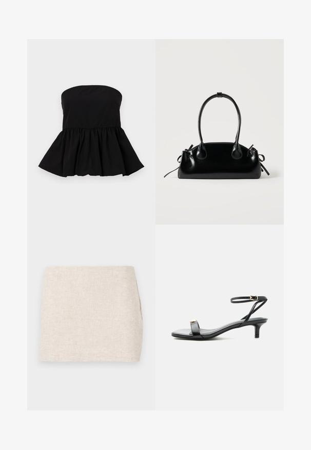 Mustmust ülaosa ilma õlakuardita, millel on kogutud peplum allosa. Valmistatud siledast kangast, sellel on sobiv kehaosa ning see laieneb vöökohtadest.; Bež linane seelik minimalistliku disainiga, millel on sile tekstuur ja peen kudumine. Sellel on sirge, lihtne lõige ilma nähtavate kinnitusteta.; Mustast nahast avatud varbaga sandaal madala kitkonnakandiga, õhuke pahkluu rihm kuldse pandlaga ja dekoratiivse kuldse aktsendiga eesmisel rihmal.; Väike must läikiv käekott kahe pika sangaga ja külgedel paelakinnitustega, ühel lihtsal helel taustal.