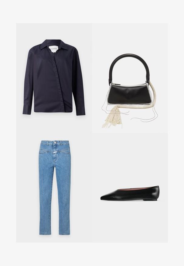 Chemise bleu marine foncé en tissu lisse, dotée d'un col classique, de manches longues et d'une fermeture frontale asymétrique.; Jeans en denim bleu clair avec une coupe droite, cinq poches et une fermeture à bouton. Présente une texture légèrement délavée et un minimum de coutures.; Chaussure plate en cuir noir pour femme, avec bout pointu et petit talon, vue de côté sur un fond gris clair uni.; Sac en cuir noir avec une poignée arrondie, fermeture éclair en argent, bordure en fourrure blanche et un long gland crème attaché à l'avant.