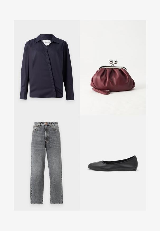 Donker marineblauwe shirt van gladde stof, voorzien van een klassieke kraag, lange mouwen en een asymmetrische voorclosure.; Grijs gewassen denim jeans met rechte pijpen en hoge taille, voorzien van voorzakken en knoopsluiting, op een witte achtergrond.; Zwarte leren ballerina met een ronde neus, gladde textuur, minimale stikdetails en een flexibele zoolontwerp.; Kleine bordeauxrode leren clutch-portemonnee met zilverkleurige metalen sluiting en polsbandje op een witte achtergrond.