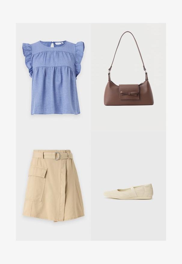 Blusa de color azul claro, hecha de una tela suave, con mangas cortas de volante, escote redondo y un detalle de abertura en la espalda con cierre de botón.; Falda de algodón beige con un bolsillo lateral, cintura con cinturón que presenta un anillo plateado y una ligera forma en A. Textura suave y diseño sencillo.; Bailarinas beige con un exterior de cuero liso, punta en forma de almendra y una correa elástica en el empeine, con detalles de costura sutiles.; Bolso bandolera de cuero marrón con un bolsillo frontal de solapa que presenta un detalle de moño cosido y una correa ajustable.