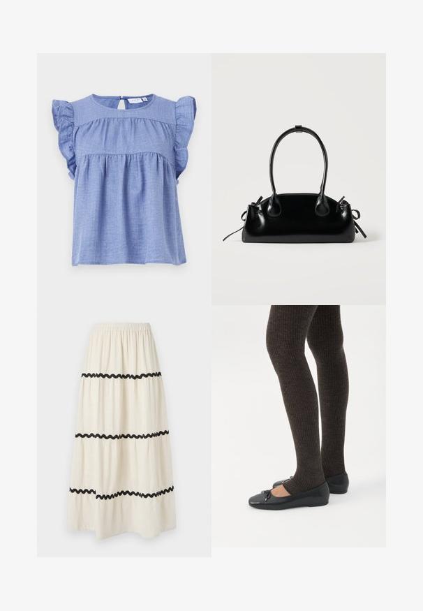 Blusa de color azul claro, hecha de una tela suave, con mangas cortas de volante, escote redondo y un detalle de abertura en la espalda con cierre de botón.; Falda larga hasta el tobillo en tejido crema con ribetes ondulados en negro. Presenta una cinturilla elástica para mayor comodidad y una caída ligera y fluida.; Piernas con leggings oscuros acanalados combinados con bailarinas negras que presentan pequeños detalles de lazo sobre un fondo blanco.; Pequeño bolso negro brillante con dos asas largas y detalles de cordón lateral sobre un fondo claro liso.