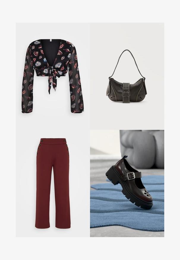 Sort cropped bluse med dyb V-udskæring, lange gennemsigtige ærmer og en frontknude. Har et skaldmønster i rød, blå og hvid på en mørk baggrund.; Bordeauxrøde bukser med vide ben og høj talje, med seks sorte knapper langs siderne, lavet af en glat, strækbar stof.; Sort Mary Jane-sko med kraftig sål, sølvspænde og blomsterudskæringer, vist på en struktureret blå overflade indendørs.; Sort læder skuldertaske med spænde på remmen, afrundede kanter og kontrasterende hvide syninger på en ensfarvet baggrund.