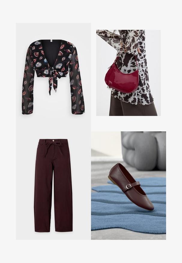 Zwarte cropped blouse met een diepe V-hals, lange doorschijnende mouwen en een knoopdetail aan de voorkant. Heeft een schelp patroon in rood, blauw en wit op een donkere achtergrond.; Hoog getailleerde wijde broek in donker bordeaux met knopen aan de voorkant, rits, zijzakken en bijpassende stoffen riem die in een strik in de taille is gebonden.; Enkele donkerbruine Mary Jane schoen met gespsluiting zweeft boven een getextureerd blauw tapijt in een kamer met een grijs kussen op de achtergrond.; Vrouw met een zwart-wit gebloemde blouse houdt een glanzende rode schoudertas vast tegen een effen achtergrond.
