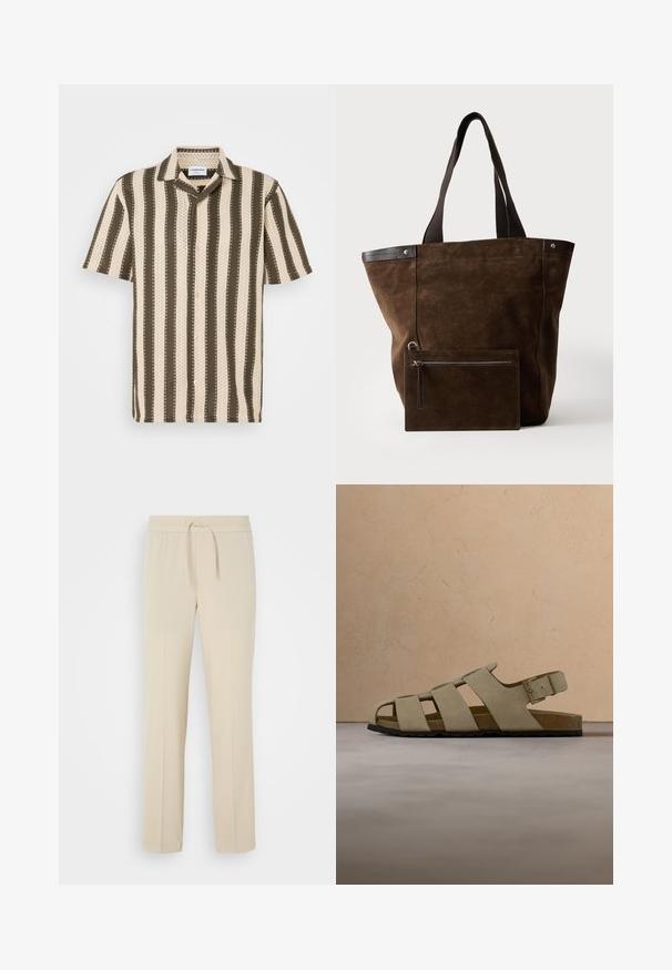 Kurzarmhemd mit Button-Down-Kragen, das abwechselnd cremefarbene und olivgrüne Streifen sowie ein strukturiertes Muster aufweist.; Beige, elastische Hosen mit einem Kordelzug. Sie haben gerade Beine und eine glatte Textur, geeignet für Freizeit oder Entspannung.; Beige Wildledersandale mit drei Riemen, Schnalle, Korksohle, schwarzer Laufsohle, schwebend über einem gewebten beigen Teppich, einem Holztisch und einer Couch im Hintergrund.; Dunkelbraune Veloursleder-Tote mit schwarzen Griffen und einem passenden rechteckigen Reißverschlussbeutel, der vorne befestigt ist.