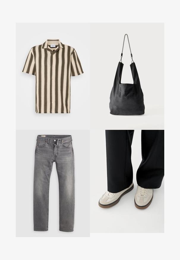 Kurzarmhemd mit Button-Down-Kragen, das abwechselnd cremefarbene und olivgrüne Streifen sowie ein strukturiertes Muster aufweist.; Graue Jeans mit geradem Bein, Knopfleiste, fünf Taschen und leichtem Verblassen an Oberschenkeln und Knien.; Füße mit beigen Sneakers mit braunen Sohlen und schwarzen Hosen mit weitem Bein auf weißem Hintergrund.; Schwarze weiche Stofftragetasche mit breiten Griffen und einem dünnen schwarz-weißen geflochtenen Schulterriemen.