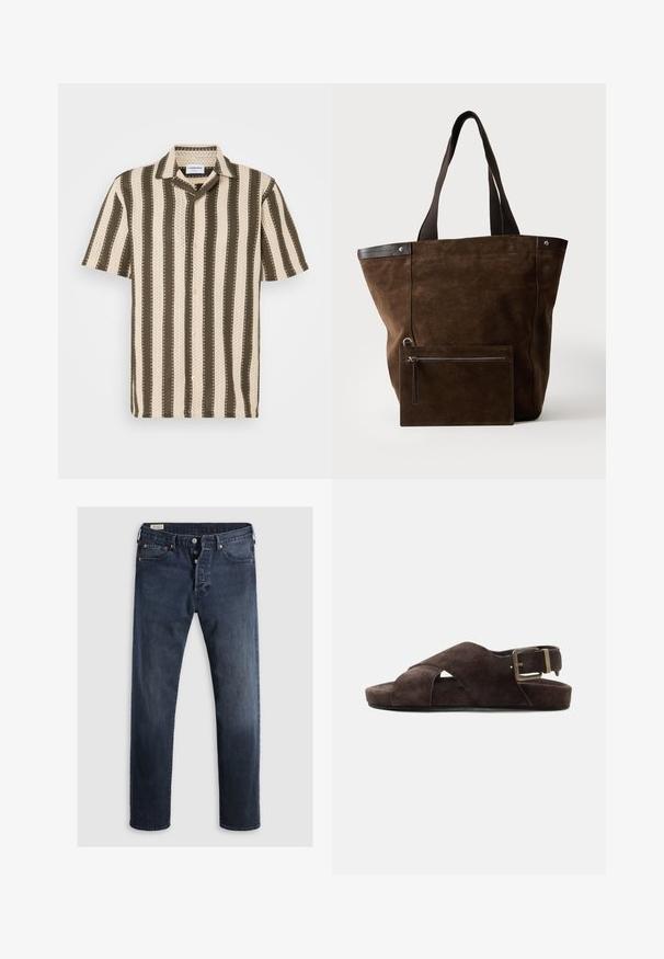 Camisa de manga corta con cuello abotonado que presenta rayas alternadas en color crema y verde oliva, con un patrón texturizado en toda la prenda.; Jeans de mezclilla azul oscuro con corte recto, que cuentan con cremallera, botones metálicos y acentos de remaches de cobre. Textura suave, sin patrones visibles.; Sandalia de ante marrón con tiras cruzadas, hebilla metálica ajustable y suela plana sobre fondo liso y claro.; Bolso tote de ante marrón oscuro con asas negras y un neceser rectangular con cremallera a juego unido en la parte frontal.