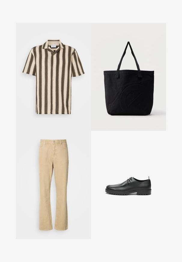 Kurzarmhemd mit Button-Down-Kragen, das abwechselnd cremefarbene und olivgrüne Streifen sowie ein strukturiertes Muster aufweist.; Beige Cordleisten-Hosen mit ausgestelltem Bein, Knopf- und Reißverschluss, ausgestattet mit fünf Taschen und sichtbaren Nähten entlang der Beine. Glatte Textur.; Schwarze Lederschuhe mit glatter Oberfläche, runder Zehenform und dekorativer Naht. Mit einer Gummisohle mit Traktionsrillen und Schnürdesign.; Schwarze Canvas-Shopper-Tasche mit zwei Schulterriemen und einem dezenten, eingeprägten kreisförmigen Design auf der Vorderseite.