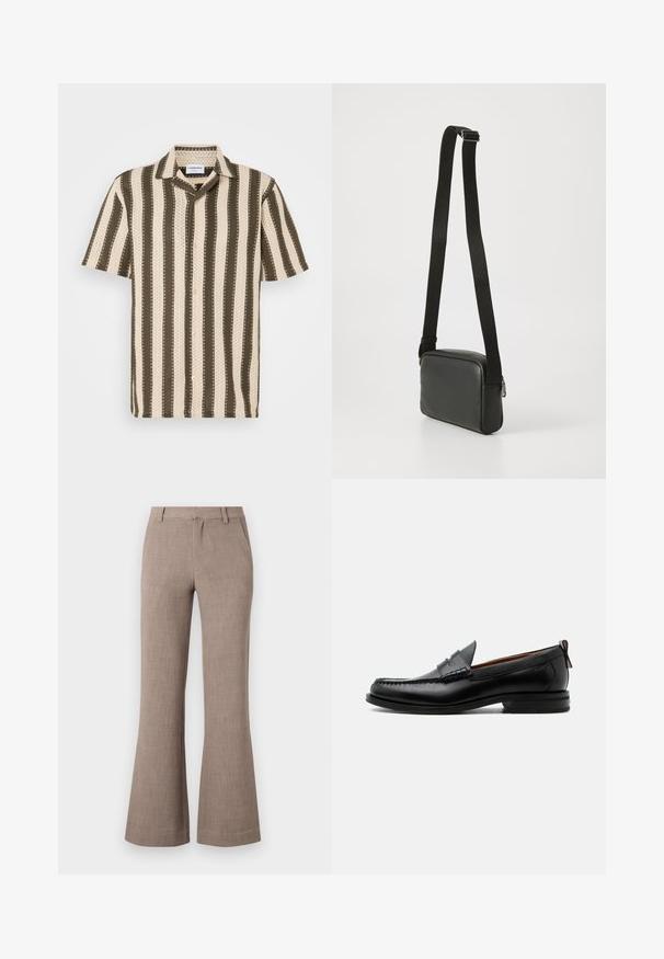 Kurzarmhemd mit Button-Down-Kragen, das abwechselnd cremefarbene und olivgrüne Streifen sowie ein strukturiertes Muster aufweist.; Beige ausgestellte Hosen aus einem strukturierten Stoff, mit einem Reißverschluss und seitlichen Taschen für Funktionalität. Maßgeschneiderter Schnitt.; Schwarzer Leder-Herrenschuh mit Mokassinnaht, Penny-Riemen, strukturiertem Kragen und niedrigem gestapeltem Absatz auf weißem Hintergrund.; Schwarze Leder-Crossbody-Tasche mit glatter Textur, rechteckiger Form, verstellbarem schwarzen Riemen und silbernem Reißverschluss-Detail.