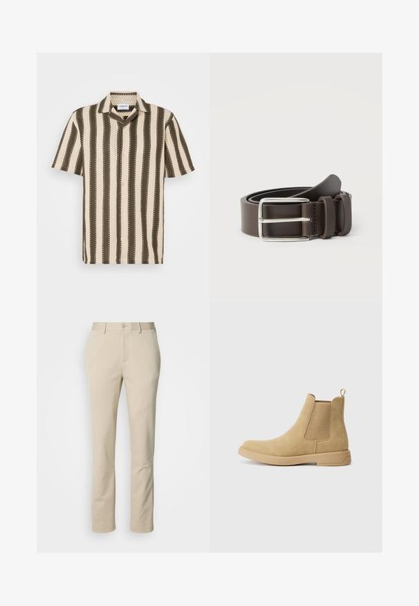 Camisa de manga corta con cuello abotonado que presenta rayas alternadas en color crema y verde oliva, con un patrón texturizado en toda la prenda.; Pantalones de algodón beige con un diseño de pierna recta, cierre de botón y parte delantera plana. El material tiene una textura suave y un detalle mínimo.; Botas de ante hasta el tobillo en color beige que cuentan con paneles elásticos en los laterales, una suela de goma plana y una cinta en la parte trasera para ponerlas y quitarlas fácilmente.; Cinturón de cuero marrón con una hebilla de metal plateado, con una textura suave y un diseño sencillo. Incluye una trabilla para ajuste y cierre.