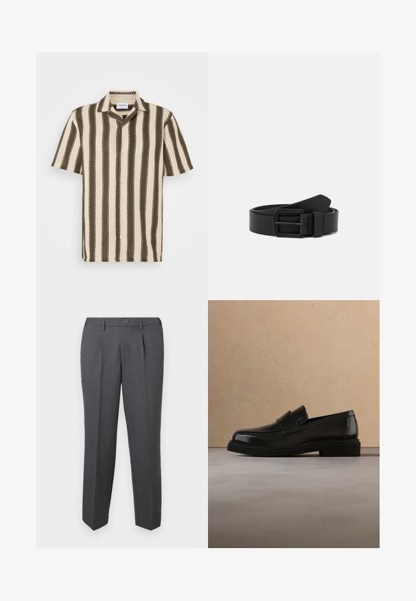 Kurzarmhemd mit Button-Down-Kragen, das abwechselnd cremefarbene und olivgrüne Streifen sowie ein strukturiertes Muster aufweist.; Dunkelgraue formelle Hose mit Falten, Gürtelschlaufen, Knopfverschluss und geraden Beinen vor einem schlichten weißen Hintergrund dargestellt.; Schwarzer Lederloafer schwebt über einem beigen, strukturierten Teppich, im Hintergrund ein runder Holzcouchtisch und Bücher.; Schwarzer Ledergürtel mit matter Oberfläche, rechteckiger Metallschnalle und glatter Textur. Verfügt über ein klares Design ohne sichtbare Muster.