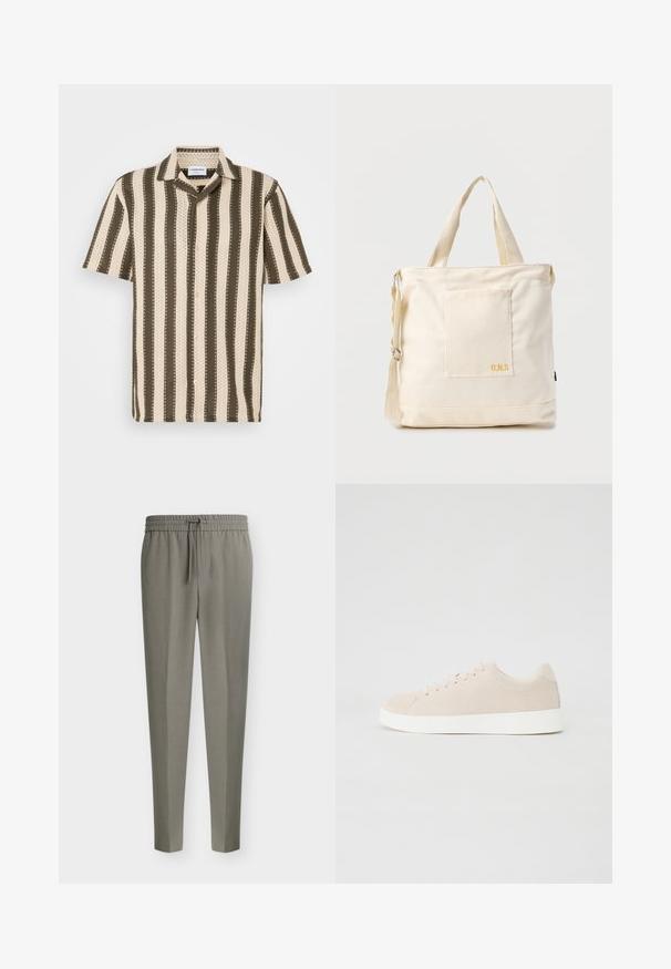 Camisa de manga corta con cuello abotonado que presenta rayas alternadas en color crema y verde oliva, con un patrón texturizado en toda la prenda.; Pantalones de hombre gris claro, de corte entallado, con piernas afiladas y una cintura elástica con cordón delantero.; Zapatillas de ante beige con suelas de goma blanca, puntera redondeada y seis ojales para los cordones. Textura suave con un diseño minimalista.; Bolsa tote de lona color crema con bolsillo delantero, dos asas, correa de hombro ajustable y pequeño texto amarillo "O.N.S" en la parte inferior derecha del bolsillo.