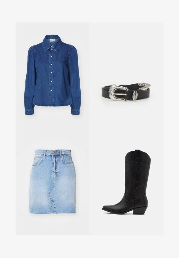 Denim shirt met een gestructureerde kraag, lange pofmouwen en knoopsluiting aan de voorkant. Donkerblauwe stof met subtiele textuur en een getailleerde taille.; Lichtblauwe denim mini-jurk met een hoge taille, zichtbare stiksels en een asymmetrisch ontworpen zoom. Inclusief een knoopsluiting aan de voorkant.; Zwarte leren cowboylaars met spitse neus, lage gestapelde hak en een ingewikkeld geïmbossieerd bladerenpatroon op de schacht. Lus aan de bovenkant voor eenvoudig aantrekken.; Zwarte leren riem met een grote zilveren metalen gesp met ingewikkelde details en decoratieve accenten aan beide uiteinden.