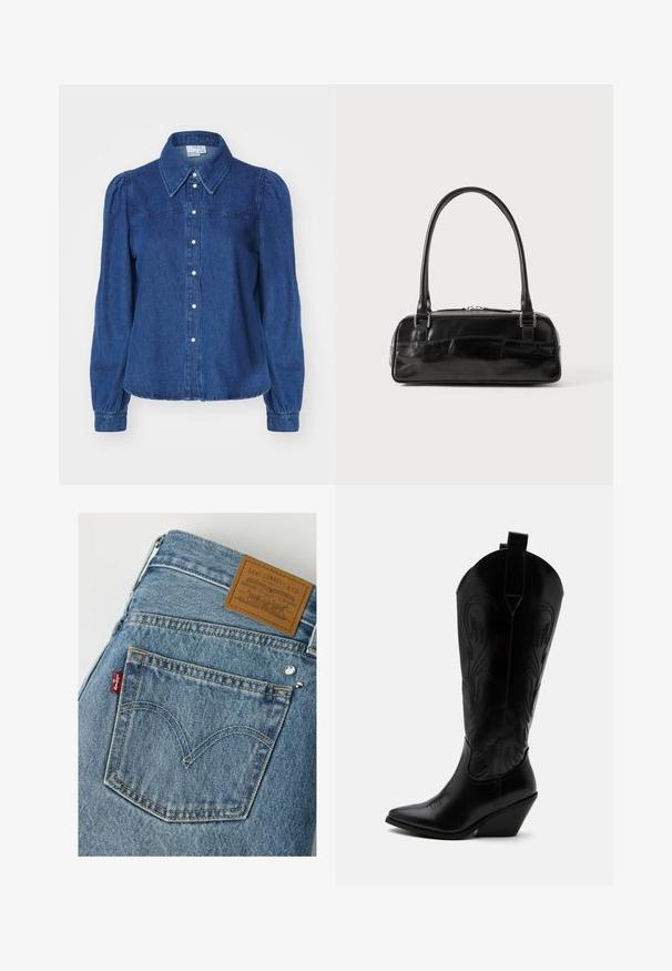 Denim shirt met een gestructureerde kraag, lange pofmouwen en knoopsluiting aan de voorkant. Donkerblauwe stof met subtiele textuur en een getailleerde taille.; Achterzak van blauwe Levi’s spijkerbroek met kenmerkend stiksel, rode Levi’s label, zilveren klinknagels en een bruine leren merkpatch.; Zwarte leren cowboylaars met puntige neus, schuine blokhak, decoratieve stiksels en aantreklusjes bovenaan tegen een witte achtergrond.; Zwarte leren handtas met een rechthoekige vorm, voorzien van een enkele gestructureerde handgreep, zilveren hardware en ritsluiting. Gladde textuur.