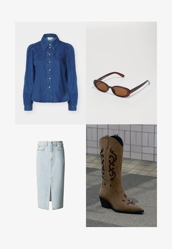 Denim-särg koos struktuurse krae, pikkade puffvarrukate ja nupuvajutusega esiosaga. Tume sinine kangas, millel on õrn tekstuur ja hästi istuv vöökoht.; Hele sinine denim midi seelik eeslõhikuga, vööaasad, nööbi- ja lukusulgur, ees- ja tagataskud.; Beežikarva seemisnahast kauboisaapad tumepruunide dekoratiivsete välja lõigete ja õmblustega, seisab kõnniteel ees plaaditud sein.; Ümar, pruunikased päikeseprillid läikiva burgundia raami ja peente kaubamärgi detailidega. Peened sangad ja lame läätsedesain.