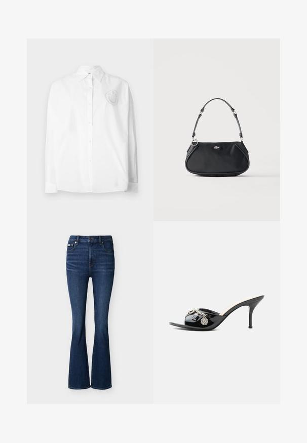 Chemise blanche boutonnée avec un col classique, des manches longues et un motif de visage souriant brodé sur le côté gauche de la poitrine.; Jean en denim bleu foncé taille haute avec une légère évasement en bas, bouton frontal, fermeture éclair et poches avant et arrière.; Mule à talon haut en cuir verni noir avec bout ouvert et breloques argentées décoratives comprenant une fleur et un cadenas sur la bride avant.; Sac d'épaule noir avec sangle réglable, fermeture éclair et petit logo crocodile argenté au centre devant.