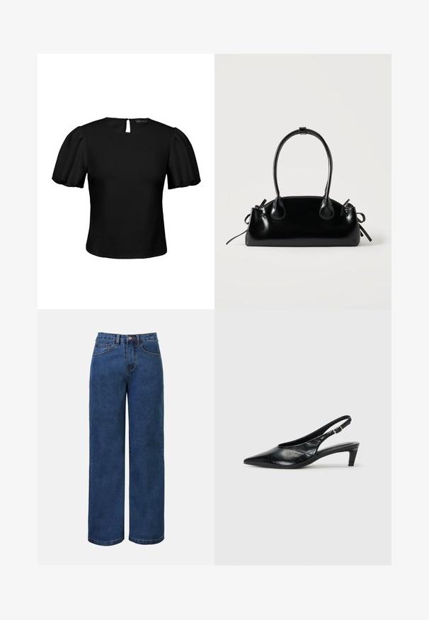 Blouse noire à manches courtes, manches bouffantes, encolure ronde et petite fermeture par bouton à l'arrière.; Jean large en denim bleu foncé avec taille haute, doté d'une fermeture à bouton, de passants de ceinture et de poches avant et arrière. Texture lisse.; Escarpin à bride arrière en cuir noir avec un bout pointu, un petit talon et une sangle à boucle réglable. Texture lisse avec un minimalisme dans les détails.; Petit sac à main noir brillant avec deux longues anses et des détails à cordon sur les côtés sur un fond clair uni.