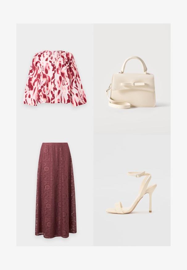 Helles rosa Bluse mit einem auffälligen roten und korallenfarbenen abstrakten Muster, mit einem V-Ausschnitt und Knöpfen auf der Vorderseite, vor einem neutralen Hintergrund.; Langer lavendelfarbener Spitzenrock mit floralen und geometrischen Mustern, A-Linien-Silhouette und einem glatten Bund.; Beige High Heel Sandale mit einem schmalen Knöchelriemen und quadratförmiger Zehenpartie. Glattes synthetisches Material, minimalistisches Design und Pfennigabsatz.; Kleine beige Handtasche mit Tragegriff oben, abnehmbarem Riemen, vorderer Klappe und dekorativer horizontaler Schleife vor einfarbigem Hintergrund.