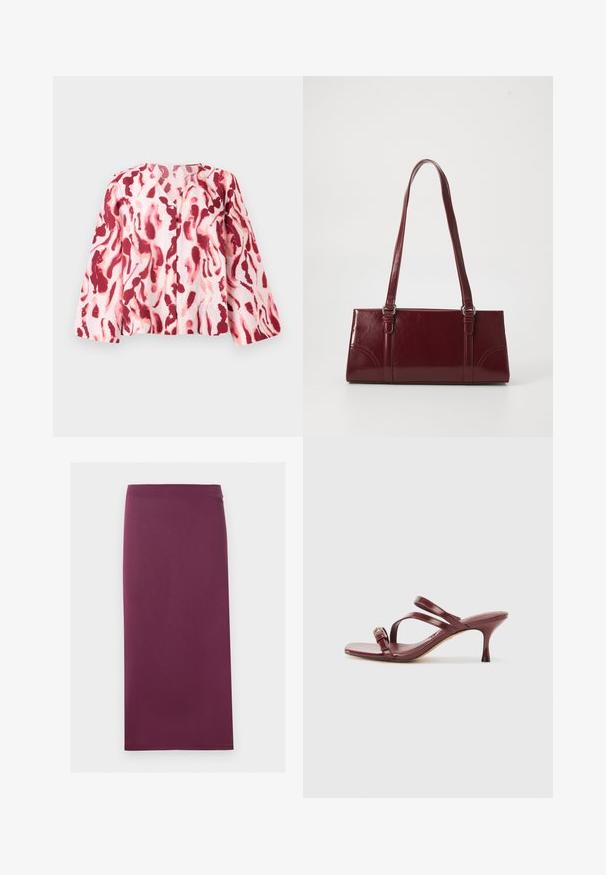 Lichtroze blouse met een gedurfde rode en koraal abstracte print, met een V-hals en knopen aan de voorkant, geplaatst tegen een neutrale achtergrond.; Effen pruimkleurige kokerrok met rechte snit en midilengte, plat weergegeven tegen een witte achtergrond.; Bordeaux gepatenteerde leren sandalen met hoge hakken, een vierkante teen, twee slanke bandjes en een decoratieve gouden gesp aan de zijkant.; Bourgondische handtas van glanzend materiaal, rechthoekige vorm, met twee schouderbanden en subtiele gebogen accenten aan de voorkant.