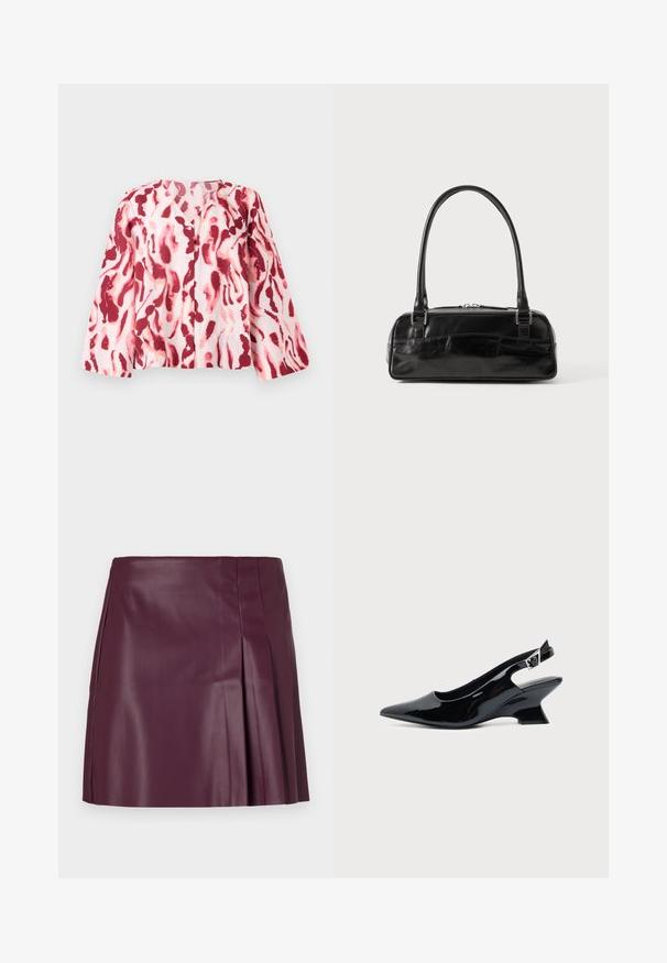 Heled roosa pluus julge punase ja korallivärvi abstraktse mustriga, millel on V-kaelus ja nööbid ees, neutraalse tausta taustal.; ONLY ONLARTZY Short - Miniseelik - mauve wine; Mustast lakknahast slingback king, millel on terav nina ja madal kalle plokktald, ühtlase heleda taustaga.; Must must beebkott, millel on ristkülikuline kuju, ühekordne tahke käepide, hõbedased detailid ja lukuga sulgemine. Sile tekstuur.