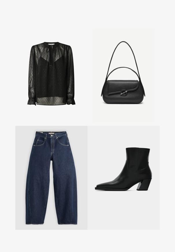 Blouse noire transparente avec un col rond, des manches longues et des poignets froncés. Présente de petits motifs carrés et un détail noué à l'avant.; Jean en denim bleu foncé, à coupe ample, avec des coutures claires, cinq poches et un bouton de fermeture à la taille.; Bottine en cuir noir avec un bout pointu, une silhouette élégante et un talon carré massif. Texture lisse avec des détails de couture minimalistes.; Sac à main en cuir noir avec bords arrondis, rabat asymétrique, fermoir circulaire en métal, et des bandoulières courtes et longues.