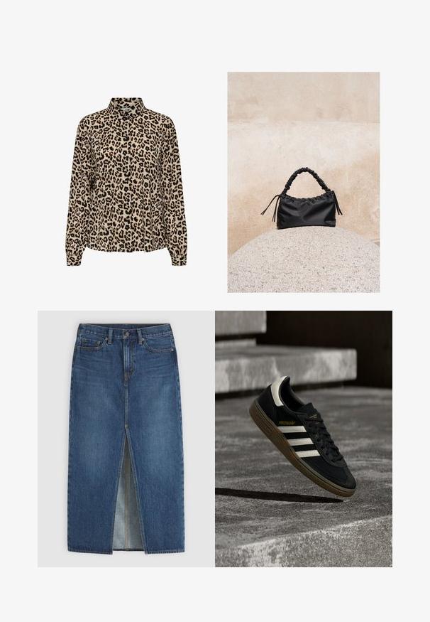 JDY JDYBROOKE LS NOOS - Skjortebluser - pumice stone; Blå denim midinederdel med front central slids, bæltestropper, knaplukning og fem-lomme styling.; Sort Adidas-sneaker med hvide striber og gummisåler, svævende over grå betontrapper i naturligt lys.; Sort håndtaske med rynkede detaljer og et samlet håndtag, hvilende på en tekstureret stensfære mod en beige betonvæg.