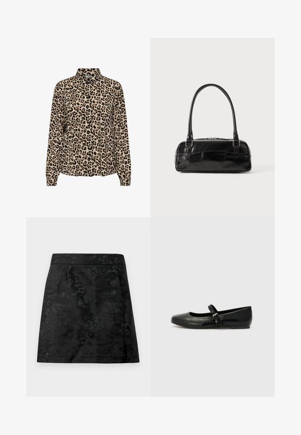 JDY JDYBROOKE LS NOOS - Overhemdblouse - pumice stone; Zwarte rok met een bloemenpatroon, gladde textuur en een getailleerde pasvorm. Heeft een tailleband en een rechte snit met een lichte flare.; Zwarte leren balletschoenen met een ronde neus, een platte zool en een dunne verstelbare band over de wreef met een metalen gesp.; Zwarte leren handtas met een rechthoekige vorm, voorzien van een enkele gestructureerde handgreep, zilveren hardware en ritsluiting. Gladde textuur.