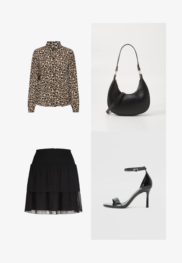 JDY JDYBROOKE LS NOOS - Overhemdblouse - pumice stone; Zwarte gelaagde minirok met brede smock-elastische tailleband en licht doorschijnende stoflagen.; Zwarte lakleren sandaal met hoge hakken, een open teen, een enkele band aan de voorkant en een verstelbare enkelband.; Zwarte leren handtas met een gebogen vorm, uitgerust met een bovenste ritsluiting, een kort handvat en een afneembare schouderband. Gouden hardware accenten.