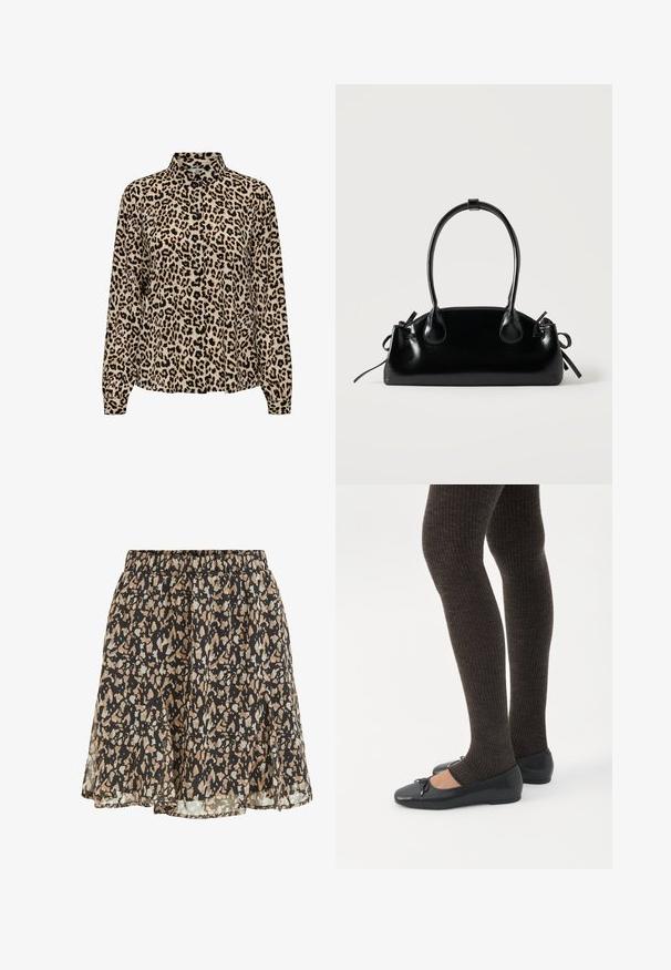 JDY JDYBROOKE LS NOOS - Chemisier - pumice stone; Jupe noire avec des taches beige et gris clair irrégulières, taille élastique et ourlet fluide légèrement évasé.; Jambes portant des leggings côtelés foncés associés à des ballerines noires avec de petits détails en nœud sur fond blanc.; Petit sac à main noir brillant avec deux longues anses et des détails à cordon sur les côtés sur un fond clair uni.