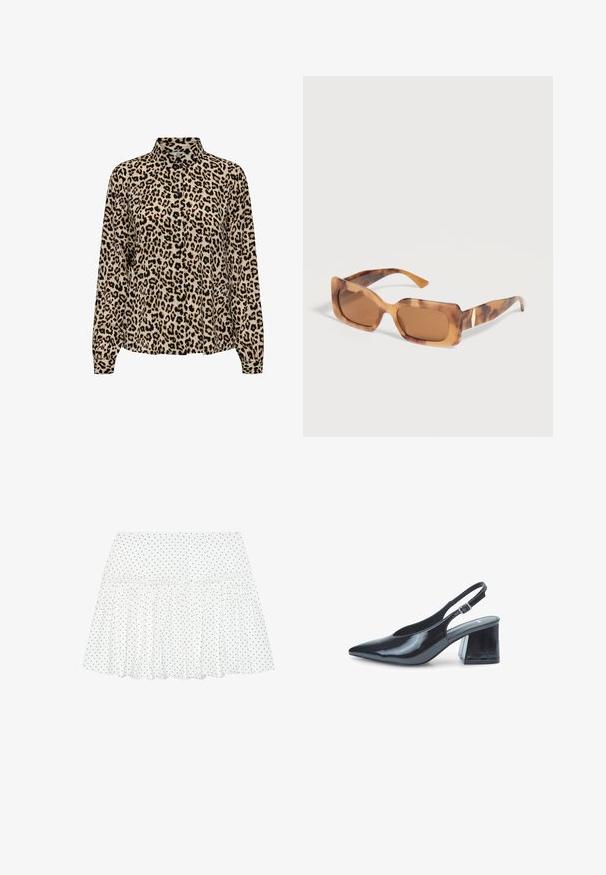 JDY JDYBROOKE LS NOOS - Skjortebluser - pumice stone; Hvid nederdel med et lagdelt design, prydet med sorte prikker. Fremstillet af letvægtsstof med en gathered kant for ekstra tekstur.; Sort patentlæderslingback-sko med spidse tå og blokhæl. Har en rem med spænde for sikker pasform. Glat tekstur.; Rektangulære solbriller med skildpaddemønster, tykke stel og brune tonede linser placeret på en hvid overflade.