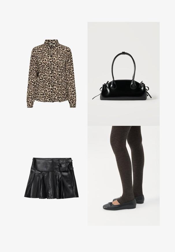 JDY JDYBROOKE LS NOOS - Overhemdblouse - pumice stone; Zwart leren rok met plooien, brede tailleband en twee gespaccents aan de zijkant. Glad textuur met een glanzende afwerking.; Benen met donkere geribbelde leggings gecombineerd met zwarte ballerina's met kleine strikdetails op een witte achtergrond.; Kleine zwarte glanzende handtas met twee lange hengsels en zijkant trekkoord details op een effen lichte achtergrond.