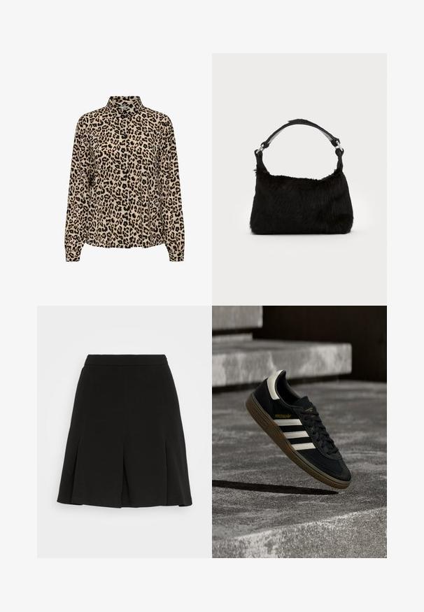 JDY JDYBROOKE LS NOOS - Skjortebluser - pumice stone; Even&Odd Mini skirts - black; Sort Adidas-sneaker med hvide striber og gummisåler, svævende over grå betontrapper i naturligt lys.; Sort faux fur håndtaske med en blød tekstur, rund form og en robust skulderrem i sort læder. Synlige sølvhardware-detaljer.