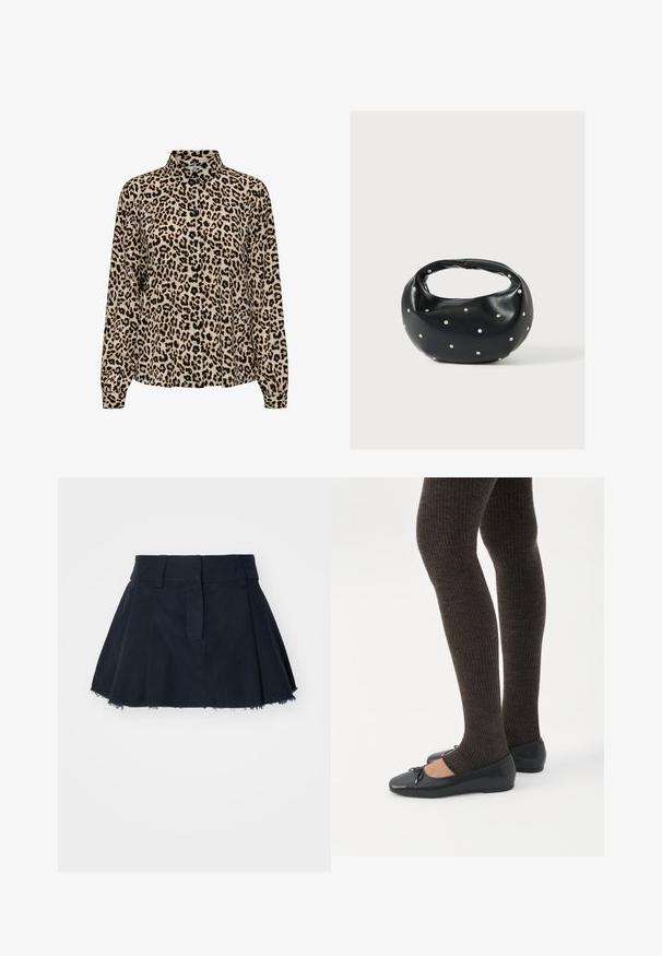 Chemise à manches longues boutonnée avec motif léopard beige, noir et marron et col standard.; Jupe en coton bleu marine à forme évasée, avec des plis, un ourlet effiloché et une taille avec passants pour ceinture.; Jambes portant des leggings côtelés foncés associés à des ballerines noires avec de petits détails en nœud sur fond blanc.; Sac à main en cuir noir de forme arrondie, décoré de clous argentés et équipé d'une poignée courte. Texture lisse et fermeture éclair.