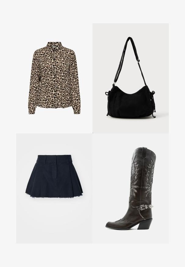 JDY JDYBROOKE LS NOOS - Chemisier - pumice stone; Jupe en coton bleu marine à forme évasée, avec des plis, un ourlet effiloché et une taille avec passants pour ceinture.; Botte de cowboy en cuir noir avec découpes décoratives, boucle argentée et talon incliné, présentée sur fond blanc.; Sac à épaule en velours côtelé noir avec une forme courbée, bandoulière réglable et fermetures à cordon des deux côtés pour un ajustement de taille.