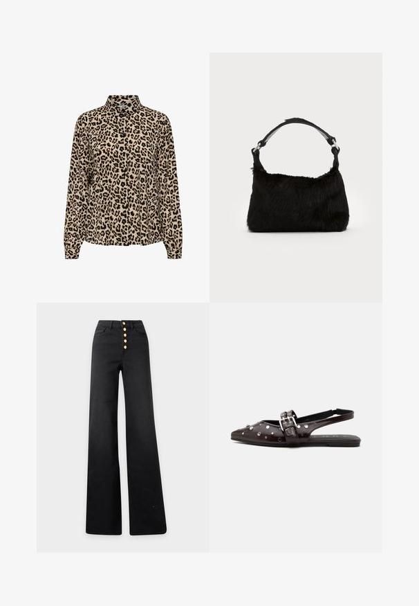 JDY JDYBROOKE LS NOOS - Chemisier - pumice stone; Jean noir taille haute à jambes larges avec cinq boutons dorés à l'avant et poches avant sur fond clair.; Escarpin slingback noir pointu plat avec des clous argentés et un détail de double boucle sur fond blanc.; Sac à main en fausse fourrure noire avec une texture douce, une forme arrondie et une bandoulière en cuir noir robuste. Accent en métal argenté visible.