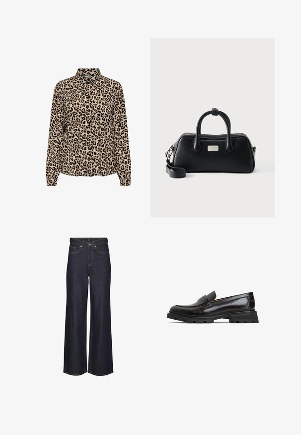 JDY JDYBROOKE LS NOOS - Skjortebluser - pumice stone; Højtaljede brede bukser i mørk denim. Har klassisk stikning, fem lommer og knaplukning foran.; Sorte læder loafersko i stil med rund tå, lav hæl og struktureret gummisål med en diskret sømdetalje og strop foran.; Sort rektangulær læderhåndtaske med to håndtag, aftagelig skulderrem og lille sølvfarvet brandlogo-plakette foran.